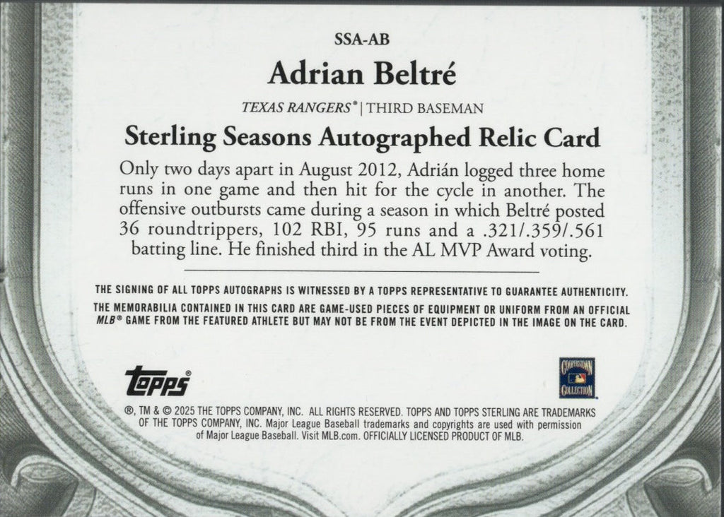 2025 Topps Sterling Adrian Beltre #SSAAB Sterling Seasons 2012 Relic Auto /25 Texas Baseball Card