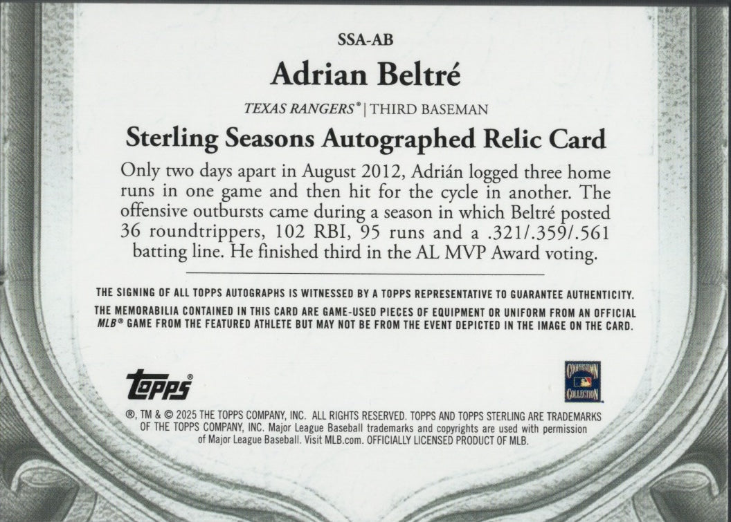 2025 Topps Sterling Adrian Beltre #SSAAB Sterling Seasons 2012 Relic Auto /25 Texas Baseball Card