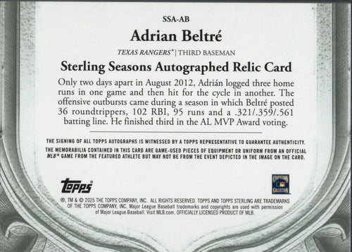 2025 Topps Sterling Adrian Beltre #SSAAB Sterling Seasons 2012 Relic Auto /25 Texas Baseball Card