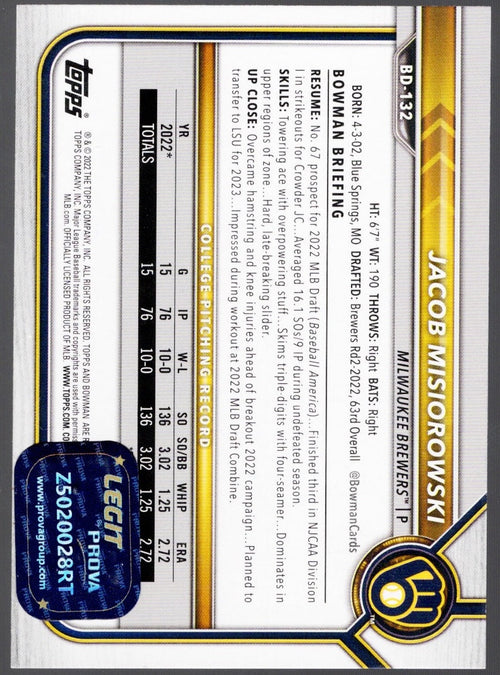 2022 Topps Bowman Draft Jacob Misiorowski #BD132 Auto Milwaukee Rookie RC Baseball Card Prova COA