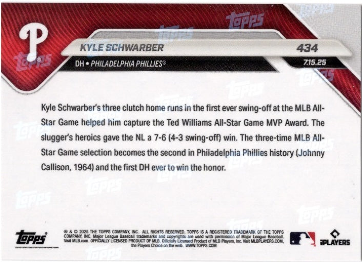 2025 Topps Now Kyle Schwarber #434 Orange Foil /25 Philadelphia Baseball Card