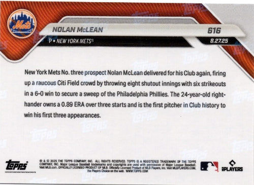 2025 Topps Now Nolan McLean #616 Gold Foil /50 New York Rookie RC Baseball Card