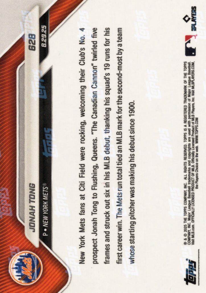2025 Topps Now Jonah Tong #628 Black Foil /10 New York Rookie RC Baseball Card