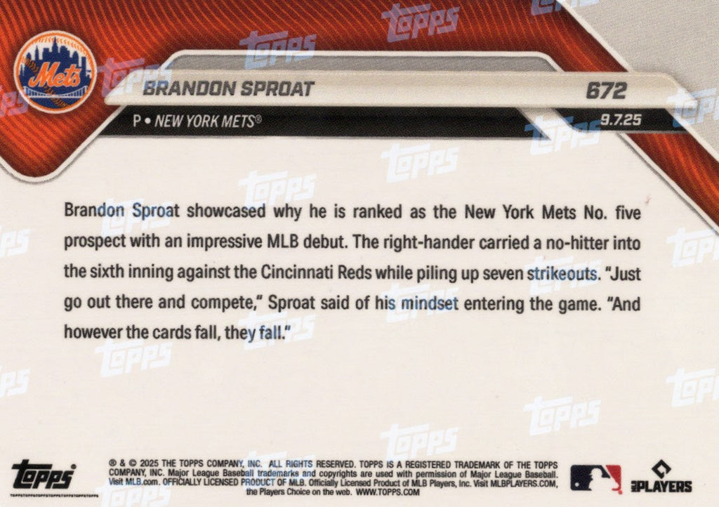 2025 Topps Now Brandon Sproat #672 Gold Foil /50 New York Rookie RC Baseball Card