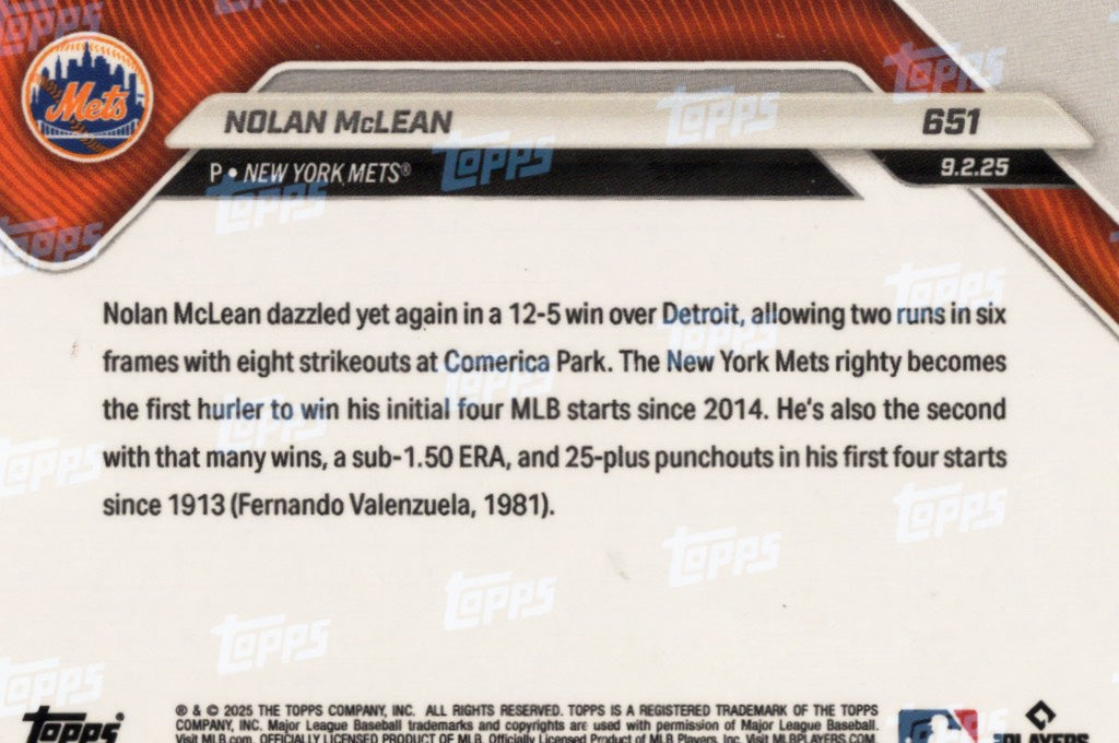 2025 Topps Now Nolan McLean #651 Gold Foil /50 New York Rookie RC Baseball Card