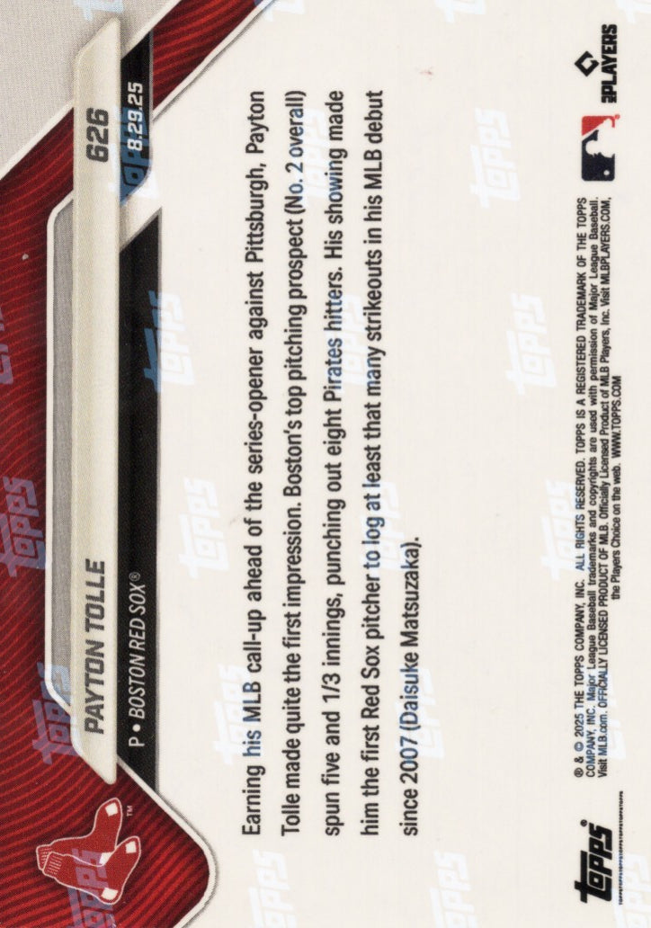 2025 Topps Now Payton Tolle #626 Gold Foil /50 Boston Rookie RC Baseball Card