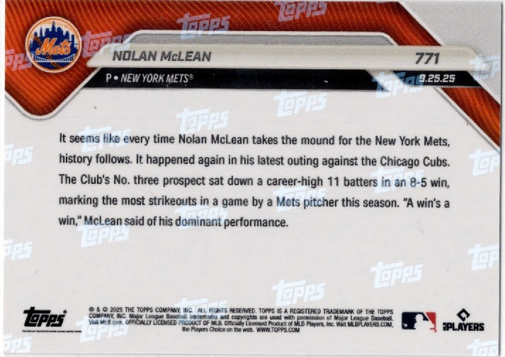 2025 Topps Now Nolan McLean #771 Black Foil /10 New York Rookie RC Baseball Card