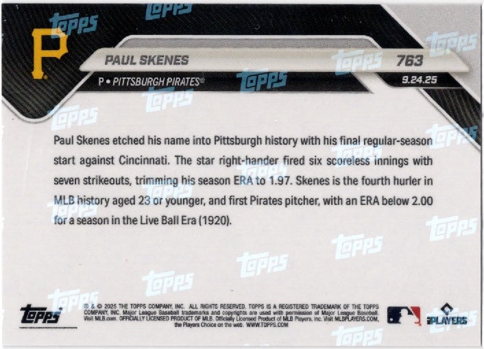 2025 Topps Now Paul Skenes #763 Orange Foil /50 Pittsburgh Baseball Card