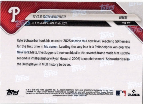 2025 Topps Now Kyle Schwarber #682 Gold Foil /50 Philadelphia Baseball Card
