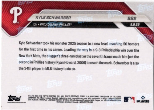 2025 Topps Now Kyle Schwarber #682 Orange Foil /25 Philadelphia Baseball Card