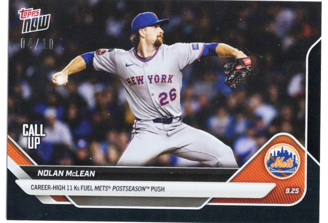2025 Topps Now Nolan McLean #771 Black Foil /10 New York Rookie RC Baseball Card
