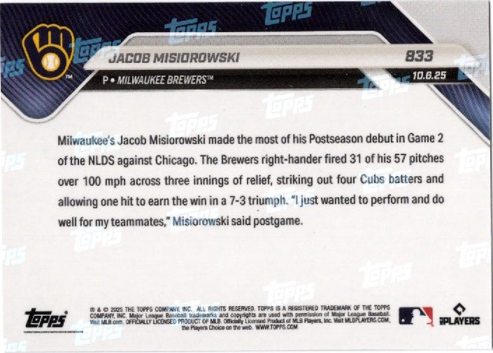 2025 Topps Now Jacob Misiorowski #833 Black Foil /10 Milwaukee Rookie RC Baseball Card