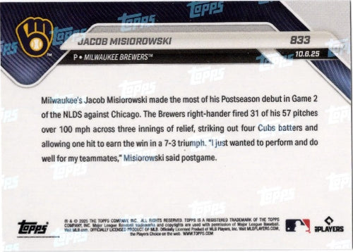 2025 Topps Now Jacob Misiorowski #833 Orange Foil /25 Milwaukee Rookie RC Baseball Card