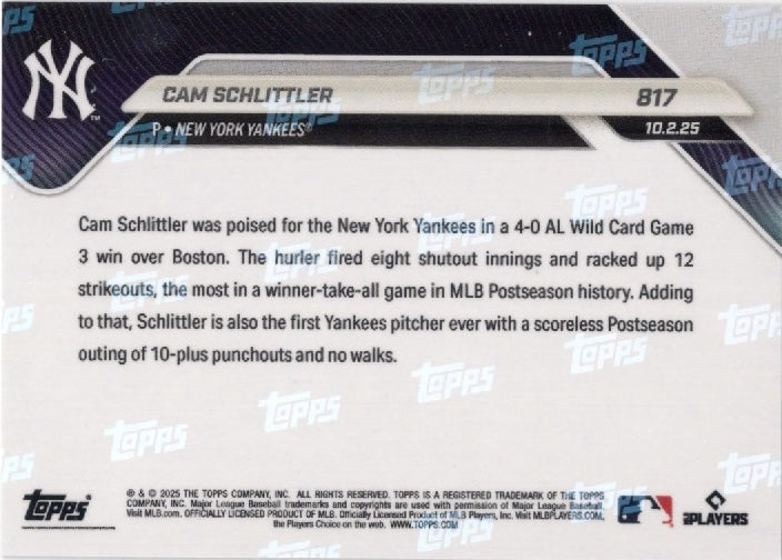 2025 Topps Now Cam Schlittler #817 Gold Foil /50 New York Pinstripe Rookie RC Baseball Card