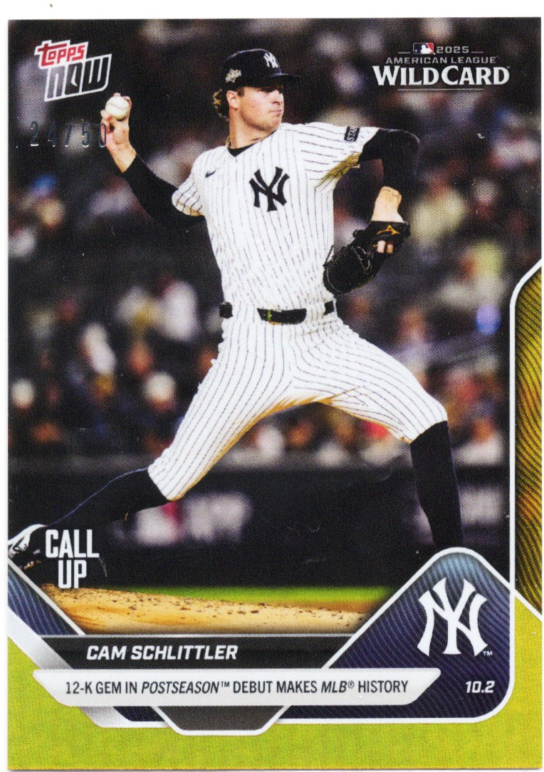 2025 Topps Now Cam Schlittler #817 Gold Foil /50 New York Pinstripe Rookie RC Baseball Card
