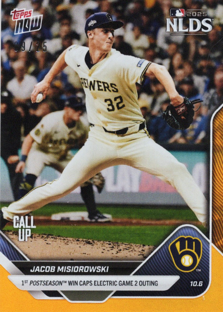 2025 Topps Now Jacob Misiorowski #833 Orange Foil /25 Milwaukee Rookie RC Baseball Card