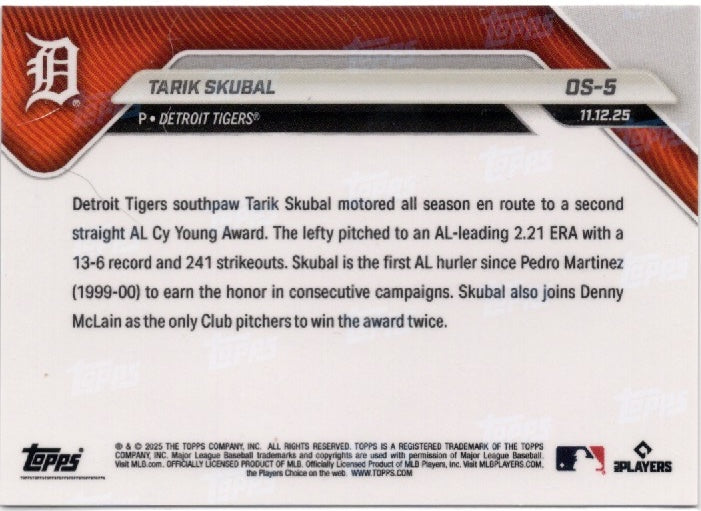 2025 Topps Now Tarik Skubal #OS5 Gold Foil /50 Detroit Baseball Card