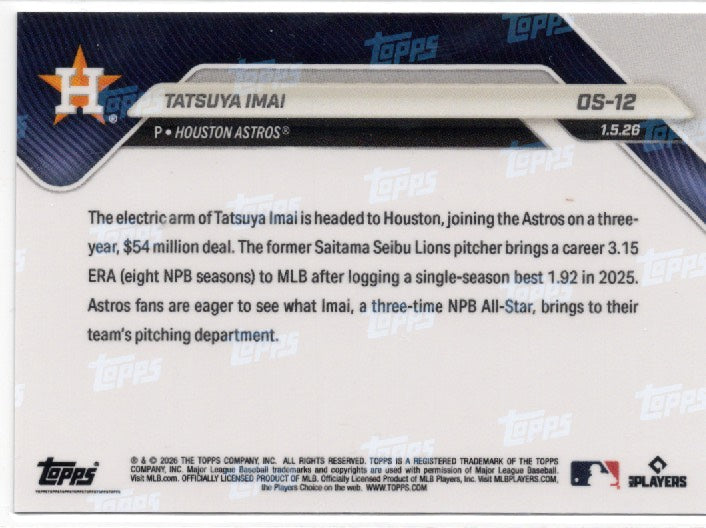 2025 Topps Now Tatsuya Imai #OS12 Orange Foil /25 Houston Rookie RC Baseball Card
