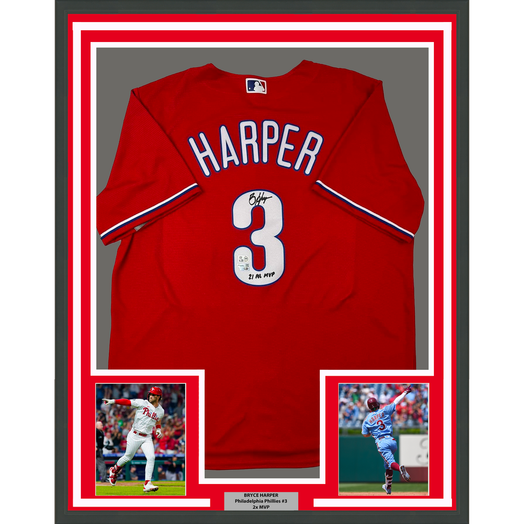 Framed Autographed/Signed Bryce Harper 35x39 21 NL MVP Philadelphia Red Replica Baseball Jersey Fanatics & MLB COA