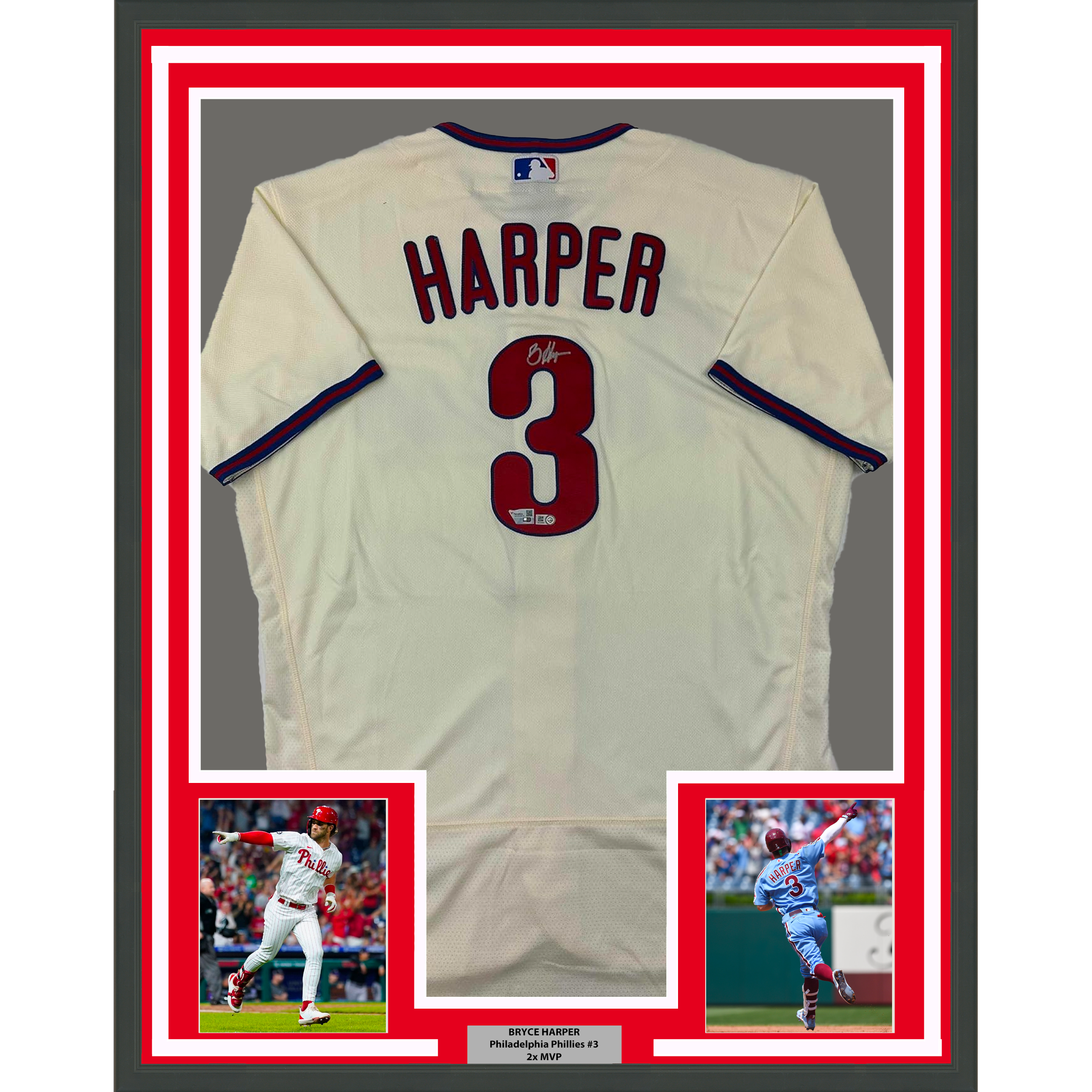 Framed Autographed/Signed Bryce Harper 35x39 Philadelphia Cream Authentic Baseball Jersey Fanatics & MLB COA