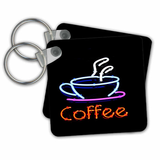 set of 4 Key Chains - Image of Neon Sign With Word Coffee And Coffee Cup Signs