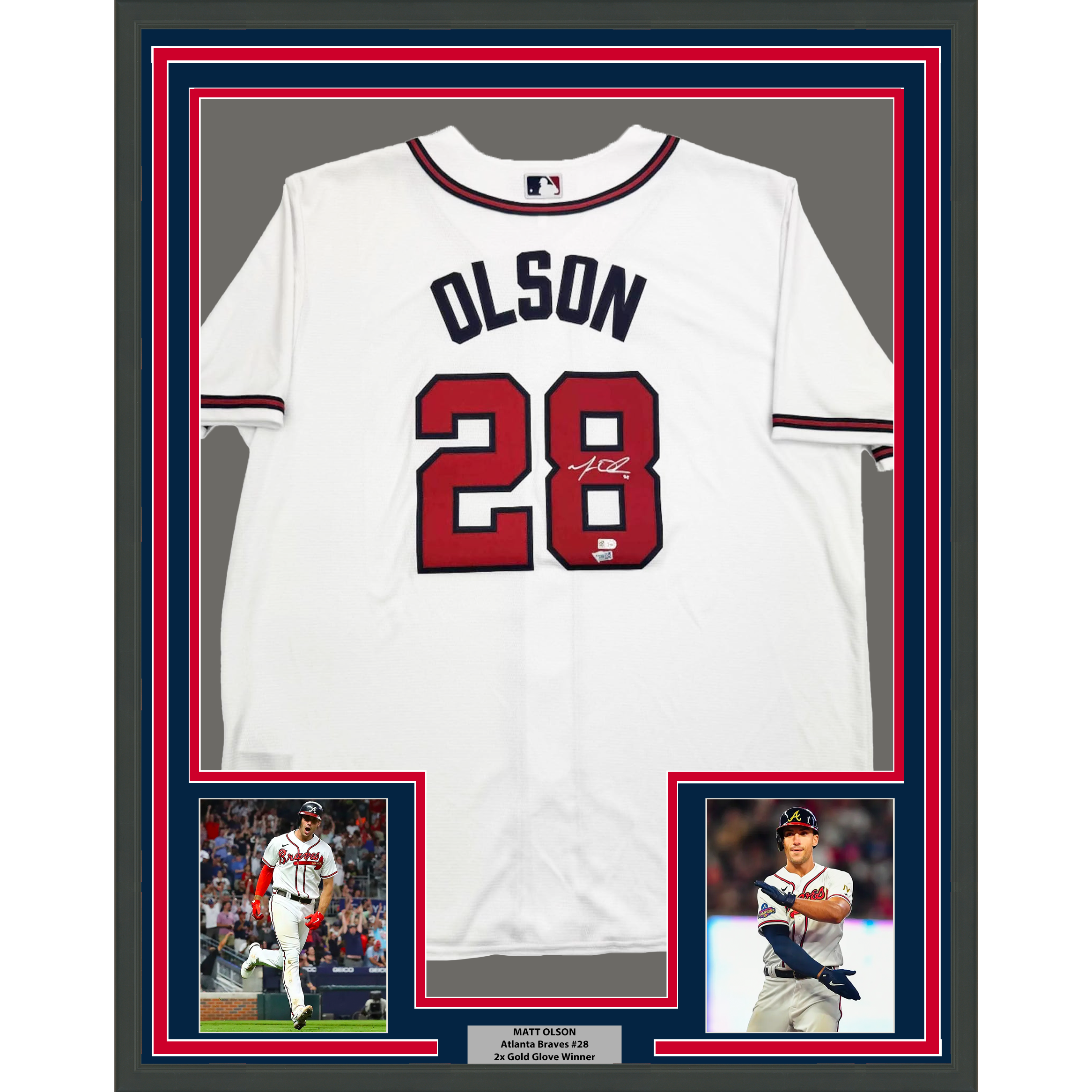 Framed Autographed/Signed Matt Olson 35x39 Atlanta White Baseball Jersey Fanatics COA