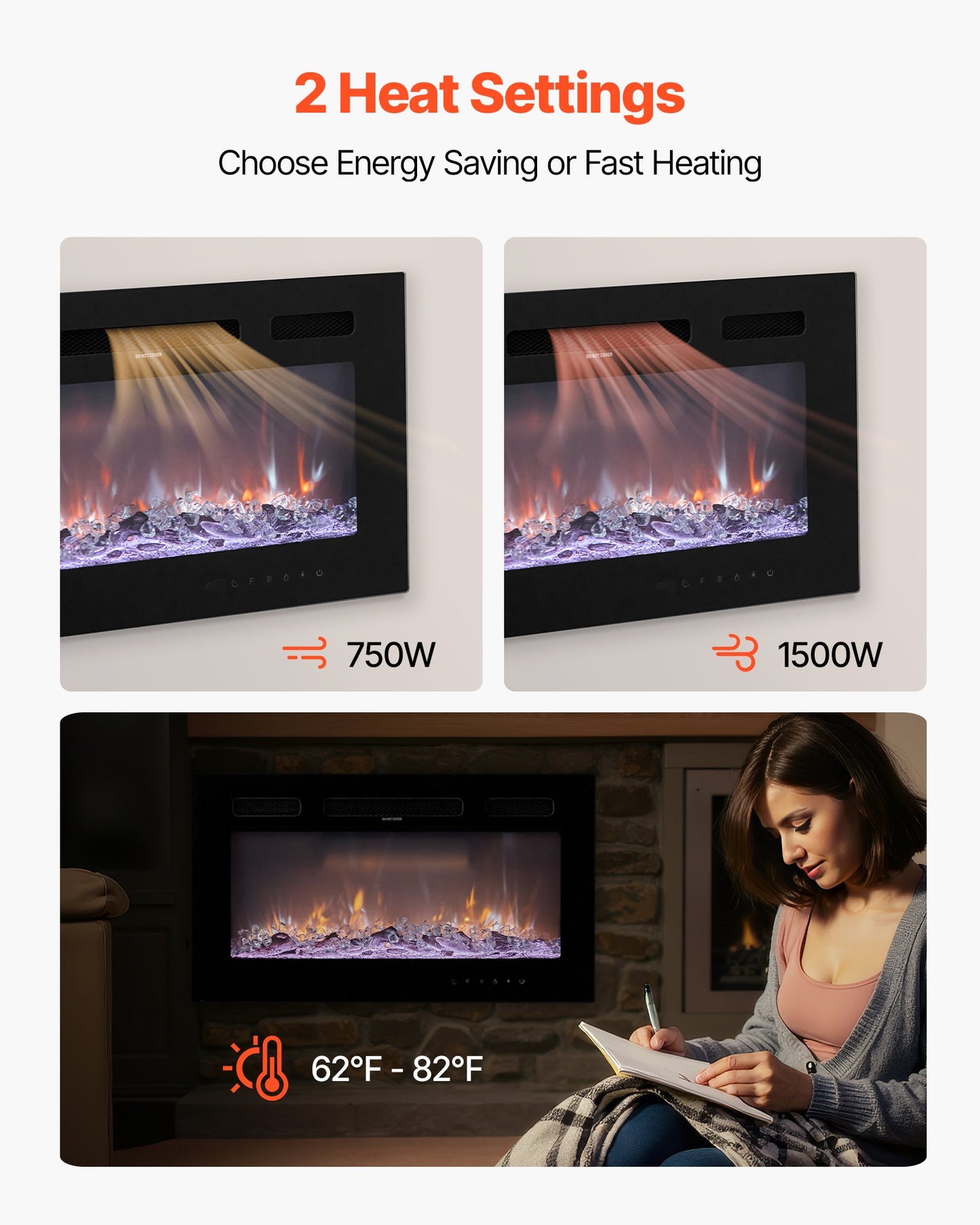 42 Inch Electric Fireplace, Wall Mounted Recessed Fire Place With Remote Control, Timer, 1500W, Adjustable Flame Color Brightness, Touch Screen, Overheat Protection, For Living Room,Bedroom