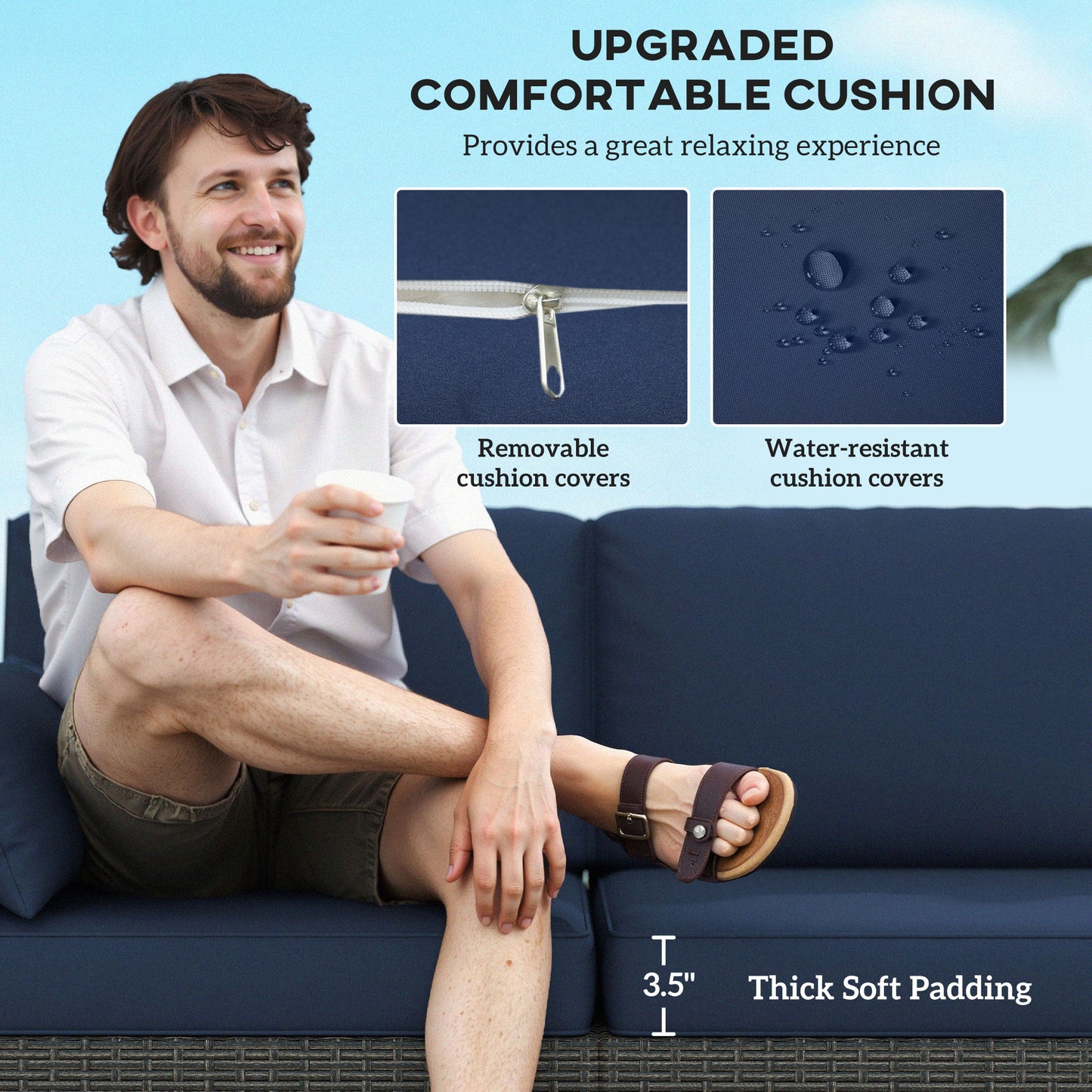 Patio Couch PE Wicker Deep Seating Outdoor Sofa with Removable Cushions, 3 Seater Rattan Sofa, Outdoor Furniture for Balcony, Deck, Garden and Poolside, Navy Blue