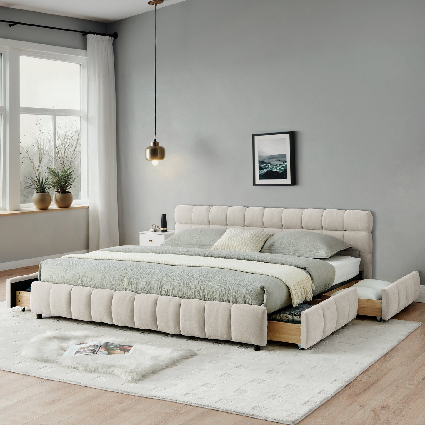 California King Size Upholstered Bed ,comfortable Upholstered Bed Frame, Chenille Fabric, With Headboard And Solid Bed Frame. With Drawer For Storage.-Beige 90.5x80.5x31