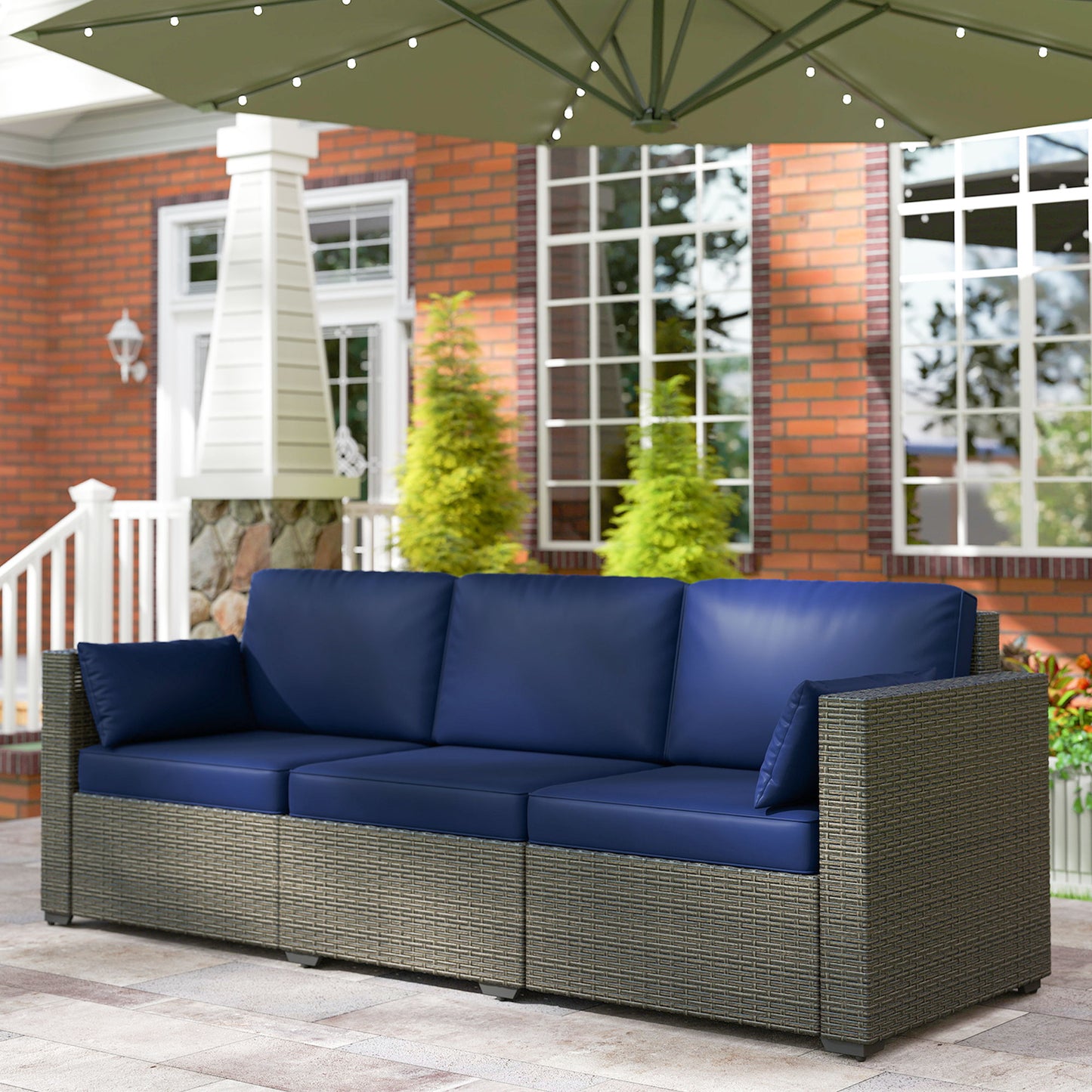 Patio Couch PE Wicker Deep Seating Outdoor Sofa with Removable Cushions, 3 Seater Rattan Sofa, Outdoor Furniture for Balcony, Deck, Garden and Poolside, Navy Blue