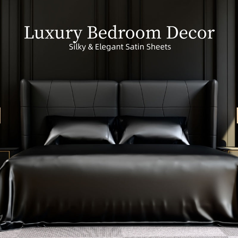 Satin Bed Sheets, King Size Sheets Set, 4 Pcs Silky Bedding Set With 15 Inches Deep Pocket For Mattress  King, Black
