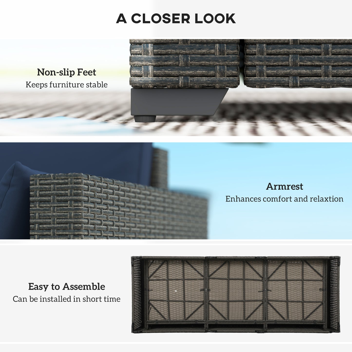 Patio Couch PE Wicker Deep Seating Outdoor Sofa with Removable Cushions, 3 Seater Rattan Sofa, Outdoor Furniture for Balcony, Deck, Garden and Poolside, Navy Blue