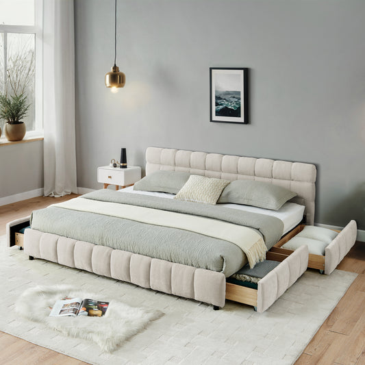 California King Size Upholstered Bed ,comfortable Upholstered Bed Frame, Chenille Fabric, With Headboard And Solid Bed Frame. With Drawer For Storage.-Beige 90.5x80.5x31