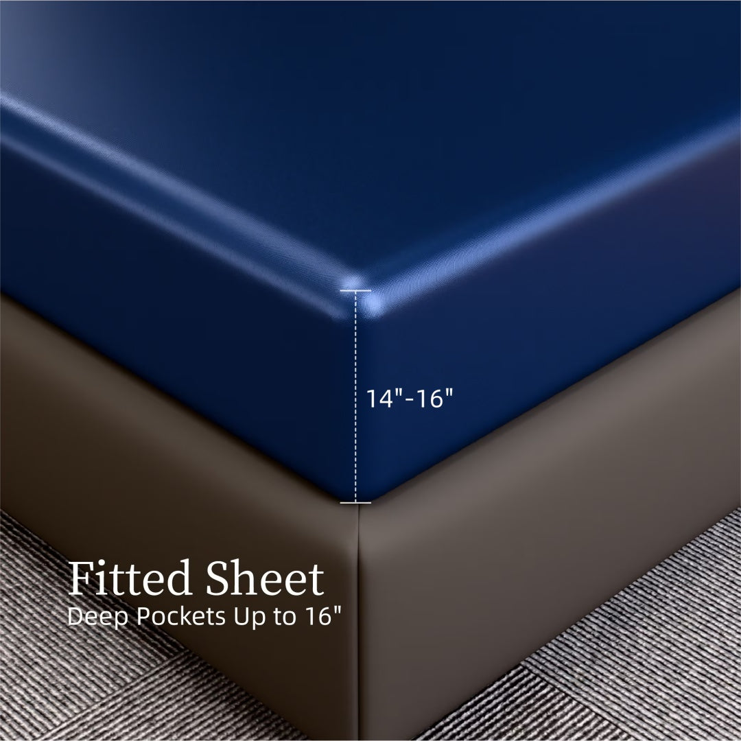 Satin Bed Sheets, King Size Sheets Set, 4 Pcs Silky Bedding Set With 15 Inches Deep Pocket For Mattress King, Navy Blue