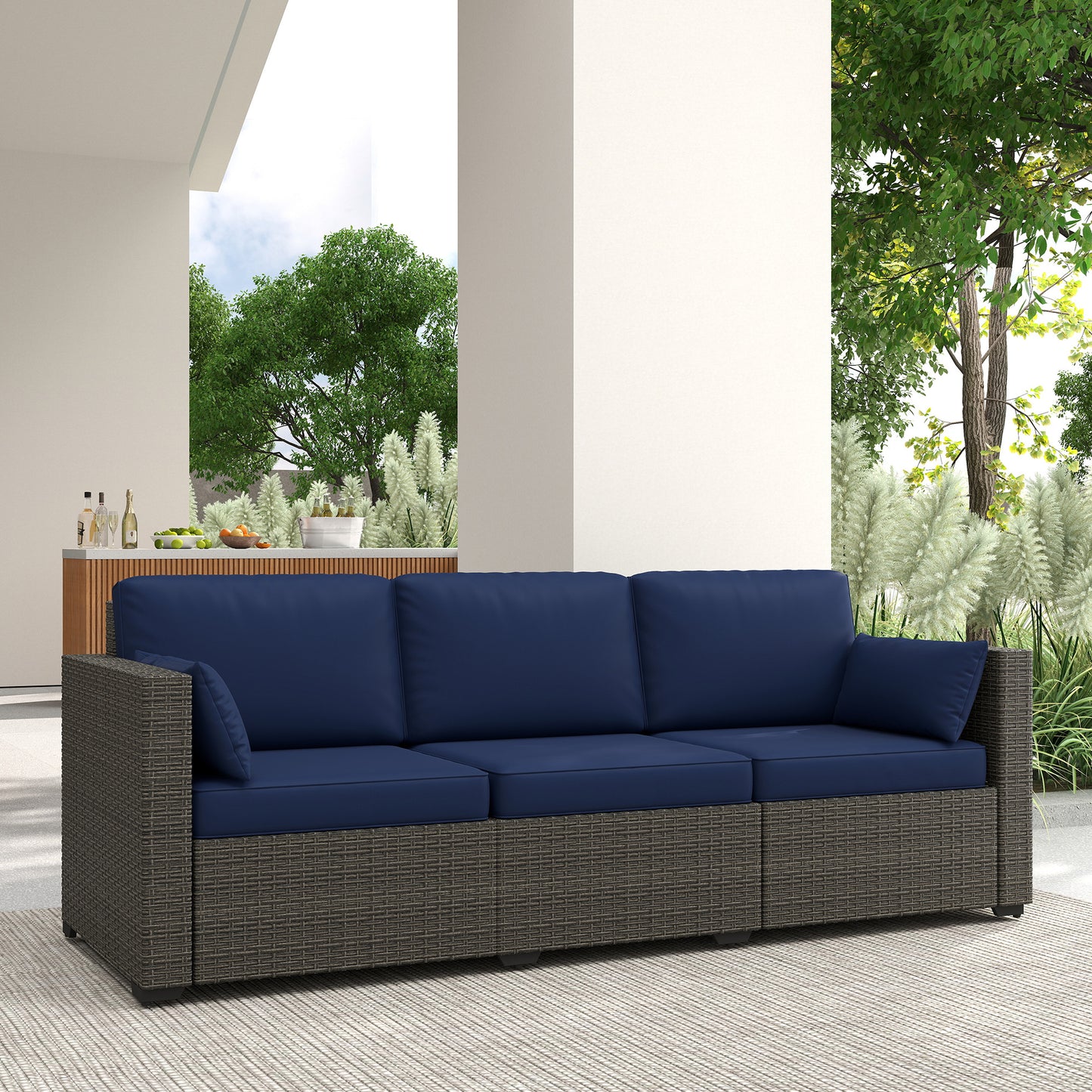 Patio Couch PE Wicker Deep Seating Outdoor Sofa with Removable Cushions, 3 Seater Rattan Sofa, Outdoor Furniture for Balcony, Deck, Garden and Poolside, Navy Blue
