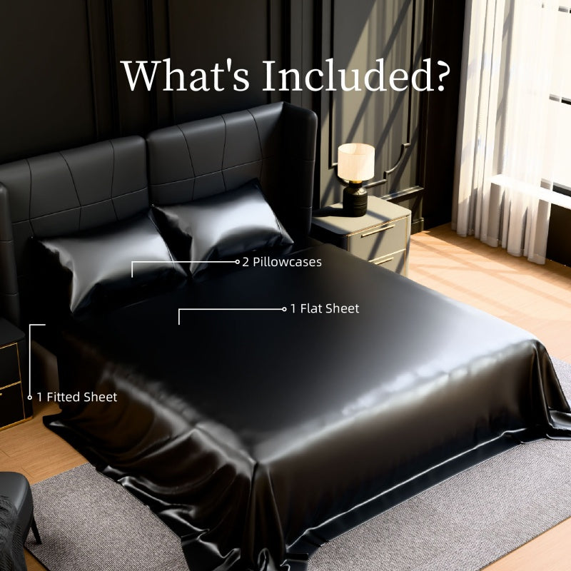 Satin Bed Sheets, King Size Sheets Set, 4 Pcs Silky Bedding Set With 15 Inches Deep Pocket For Mattress  King, Black