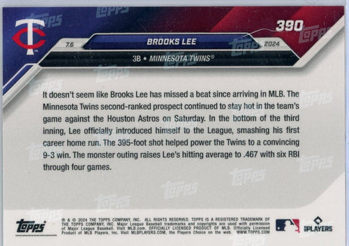 2024 Topps Now Brooks Lee #390 Blue #/49 Minnesota’s Twin-Cities, Rookie RC Baseball Card