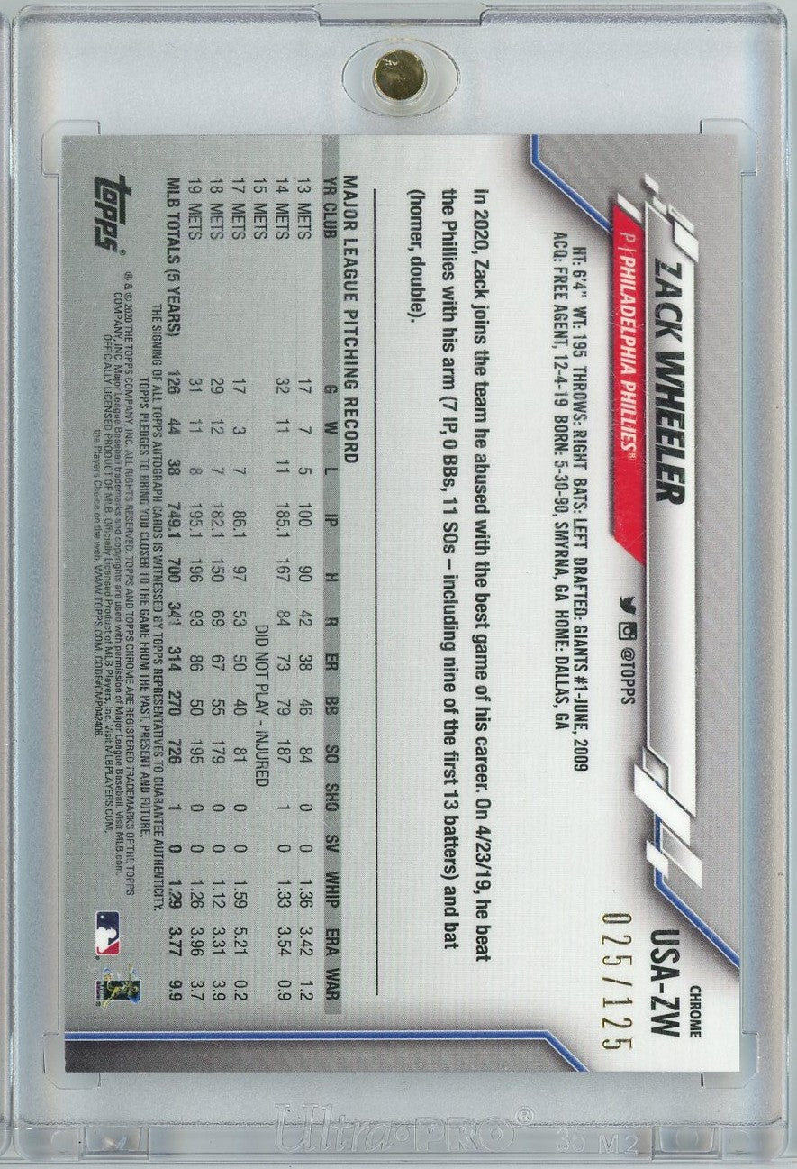 2020 Topps Chrome Zack Wheeler #USAZW /125 Xfractor Auto Philadelphia Baseball Card