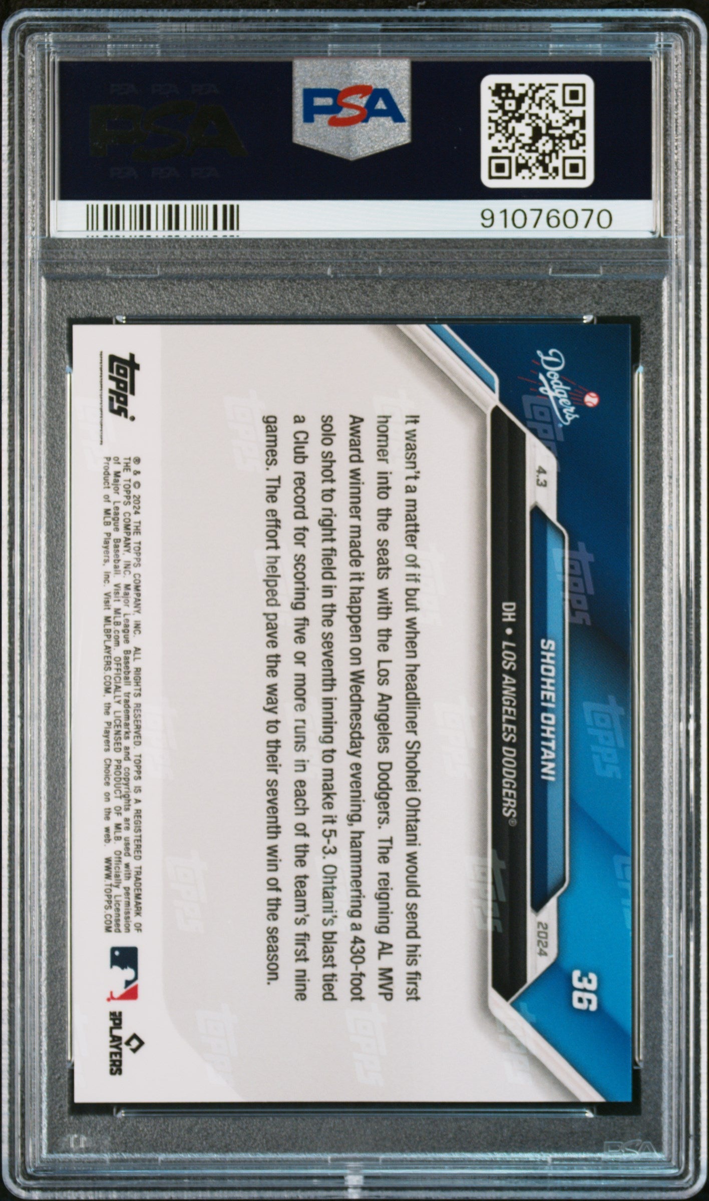 Graded 2024 Topps Now Shohei Ohtani #36 Blasts First Home Run As A Member of the Dodgers Baseball Card PSA 10 Gem Mint