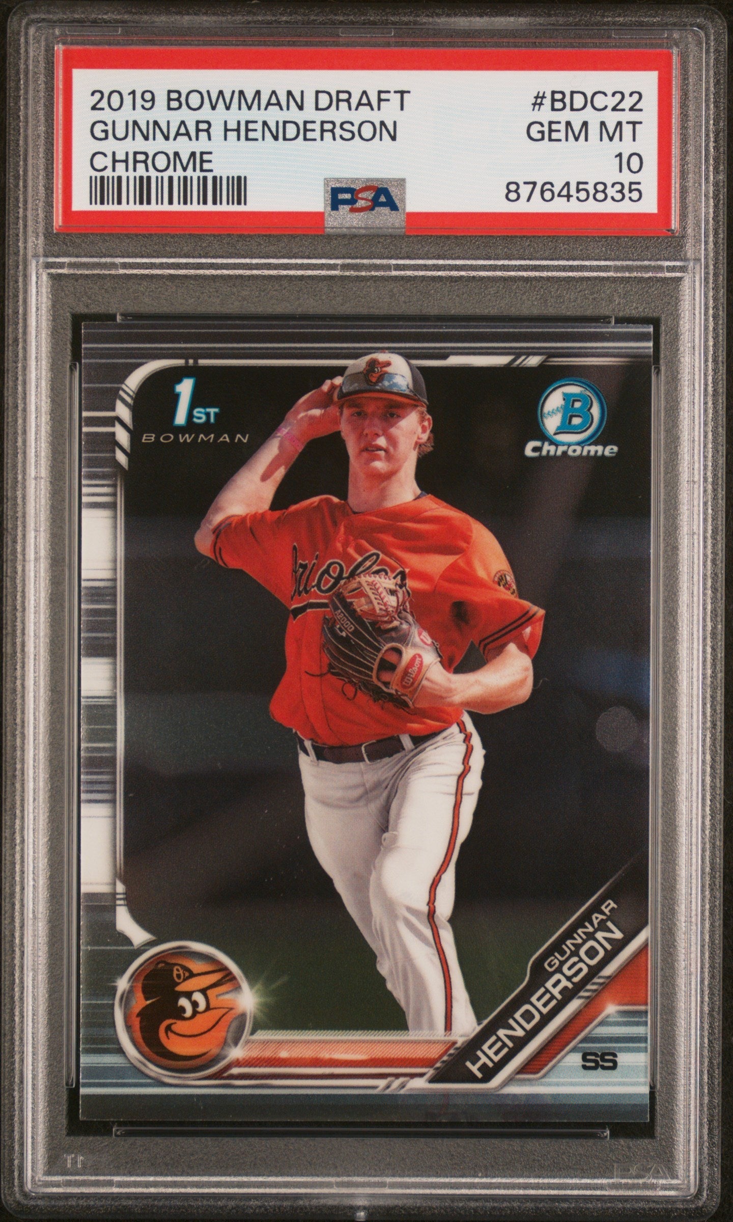 Graded 2019 Topps Bowman Draft Gunnar Henderson #BDC22 Chrome Rookie RC Baseball Card PSA 10 Gem Mint